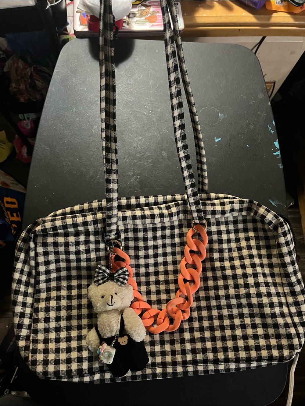 BAGGU Black & White Gingham Kids Crossbody with Orange Chain & Teddy Charm